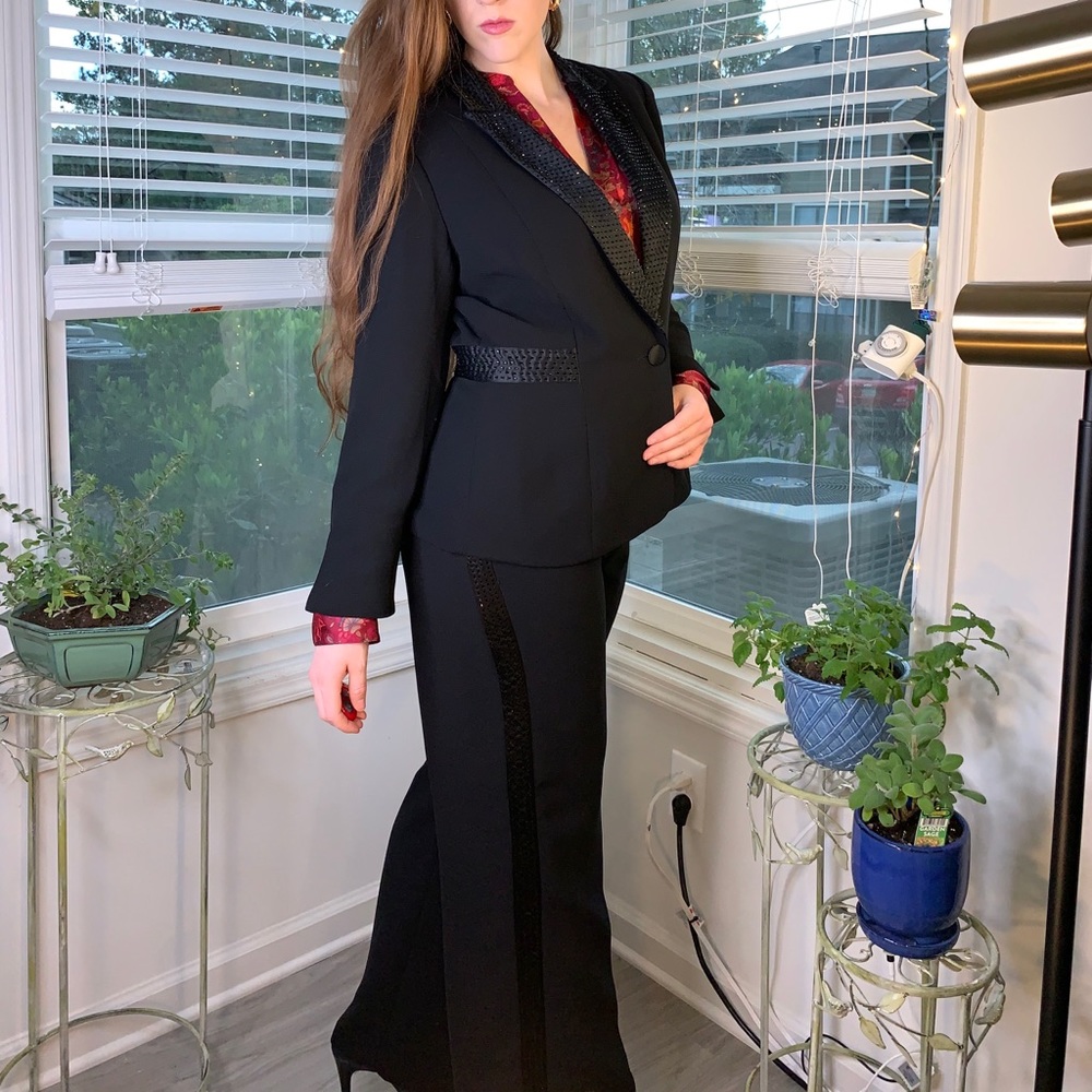 Sandra Darren Tuxedo pantsuit with sequined trim
